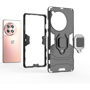 Husa COMANDO Armor Ring compatibila cu OnePlus 12R, Tactical Defense Protect, Hybrid Antishock, Placuta metalica integrata pentru prindere suport auto, Inel rotativ 360 grade, PVC si PC, Negru