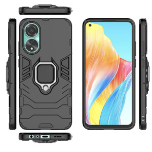 Husa COMANDO Armor Ring compatibila cu Oppo A38, Tactical Defense Protect, Hybrid Antishock, Placuta metalica integrata pentru prindere suport auto, Inel rotativ 360 grade, PVC si PC, Negru