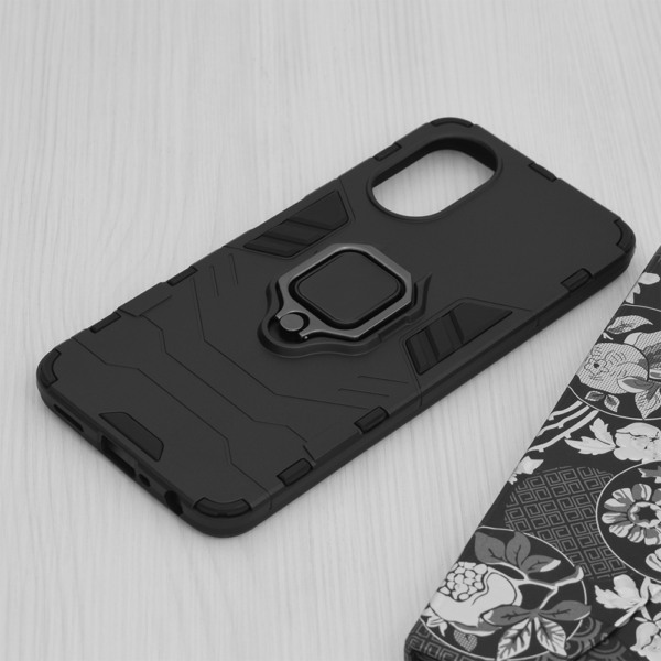 Husa COMANDO Armor Ring compatibila cu Oppo A38, Tactical Defense Protect, Hybrid Antishock, Placuta metalica integrata pentru prindere suport auto, Inel rotativ 360 grade, PVC si PC, Negru