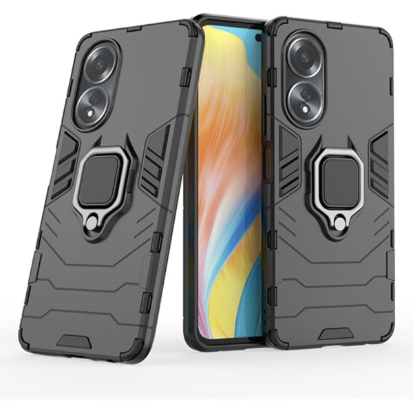 Husa COMANDO Armor Ring compatibila cu Oppo A78 4G, Tactical Defense Protect, Hybrid Antishock, Placuta metalica integrata pentru prindere suport auto, Inel rotativ 360 grade, PVC si PC, Negru