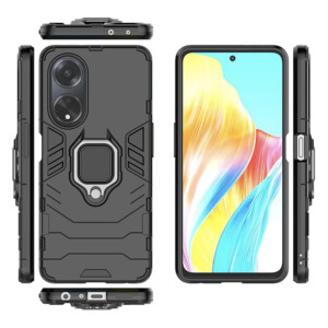 Husa COMANDO Armor Ring compatibila cu Oppo A98 5G, Tactical Defense Protect, Hybrid Antishock, Placuta metalica integrata pentru prindere suport auto, Inel rotativ 360 grade, PVC si PC, Negru