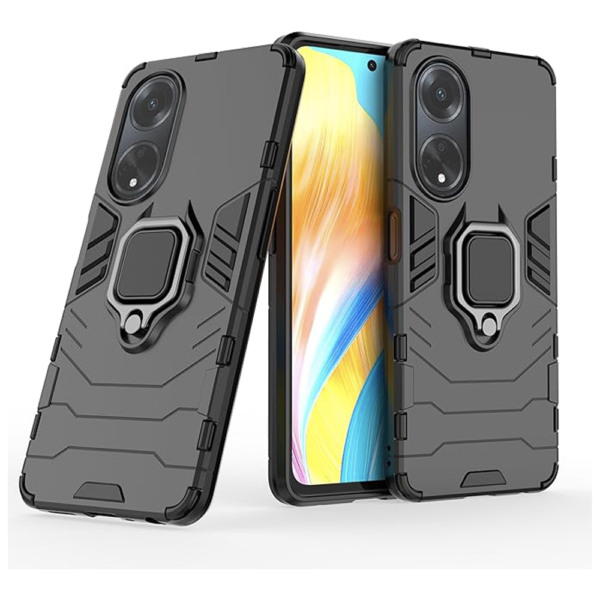 Husa COMANDO Armor Ring compatibila cu Oppo A98 5G, Tactical Defense Protect, Hybrid Antishock, Placuta metalica integrata pentru prindere suport auto, Inel rotativ 360 grade, PVC si PC, Negru