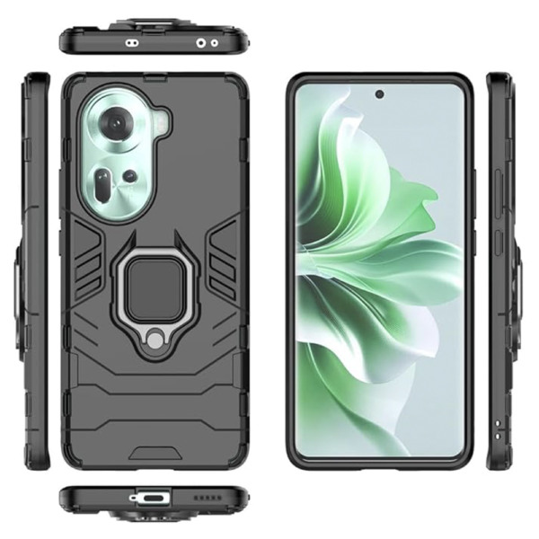 Husa COMANDO Armor Ring compatibila cu Oppo Reno11, Tactical Defense Protect, Hybrid Antishock, Placuta metalica integrata pentru prindere suport auto, Inel rotativ 360 grade, PVC si PC, Negru