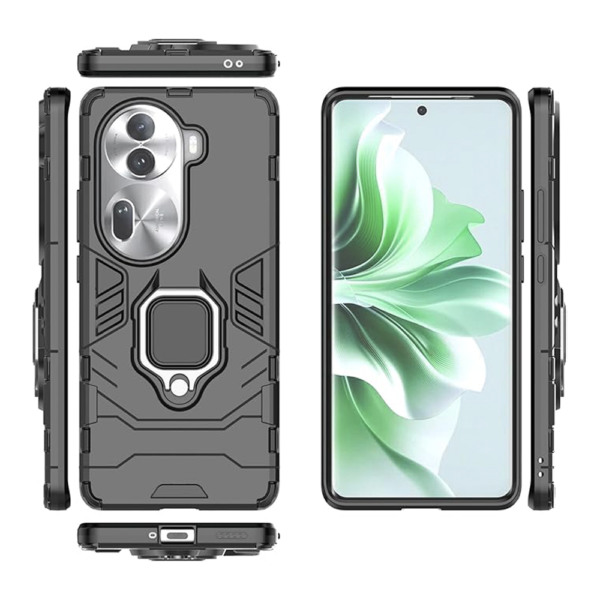 Husa COMANDO Armor Ring compatibila cu Oppo Reno 11 Pro, Tactical Defense Protect, Hybrid Antishock, Placuta metalica integrata pentru prindere suport auto, Inel rotativ 360 grade, PVC si PC, Negru