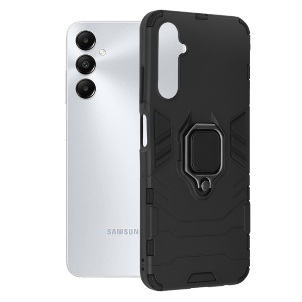 Husa COMANDO Armor Ring compatibila cu Samsung Galaxy A05s, Tactical Defense Protect, Hybrid Antishock, Placuta metalica integrata pentru prindere suport auto, Inel rotativ 360 grade, PVC si PC, Negru