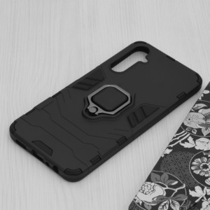 Husa COMANDO Armor Ring compatibila cu Samsung Galaxy A05s, Tactical Defense Protect, Hybrid Antishock, Placuta metalica integrata pentru prindere suport auto, Inel rotativ 360 grade, PVC si PC, Negru