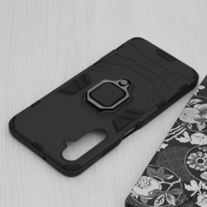 Husa COMANDO Armor Ring compatibila cu Samsung Galaxy A05s, Tactical Defense Protect, Hybrid Antishock, Placuta metalica integrata pentru prindere suport auto, Inel rotativ 360 grade, PVC si PC, Negru