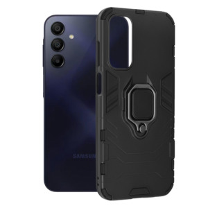 Husa COMANDO Armor Ring compatibila cu Samsung Galaxy A15 4G, Tactical Defense Protect, Hybrid Antishock, Placuta metalica integrata pentru prindere suport auto, Inel rotativ 360 grade, PVC si PC, Negru