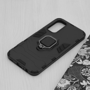 Husa COMANDO Armor Ring compatibila cu Samsung Galaxy A15 4G, Tactical Defense Protect, Hybrid Antishock, Placuta metalica integrata pentru prindere suport auto, Inel rotativ 360 grade, PVC si PC, Negru