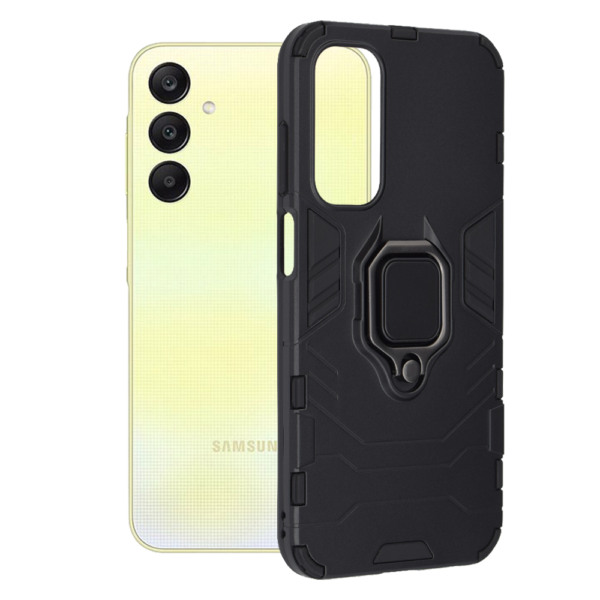 Husa COMANDO Armor Ring compatibila cu Samsung Galaxy A25, Tactical Defense Protect, Hybrid Antishock, Placuta metalica integrata pentru prindere suport auto, Inel rotativ 360 grade, PVC si PC, Negru