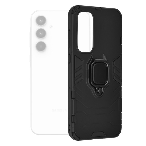 Husa COMANDO Armor Ring compatibila cu Samsung Galaxy A35, Tactical Defense Protect, Hybrid Antishock, Placuta metalica integrata pentru prindere suport auto, Inel rotativ 360 grade, PVC si PC, Negru