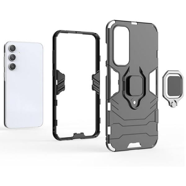 Husa COMANDO Armor Ring compatibila cu Samsung Galaxy A35, Tactical Defense Protect, Hybrid Antishock, Placuta metalica integrata pentru prindere suport auto, Inel rotativ 360 grade, PVC si PC, Negru