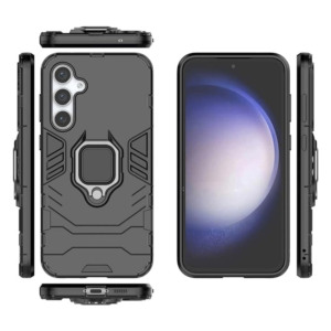 Husa COMANDO Armor Ring compatibila cu Samsung Galaxy S23 FE, Tactical Defense Protect, Hybrid Antishock, Placuta metalica integrata pentru prindere suport auto, Inel rotativ 360 grade, PVC si PC, Negru