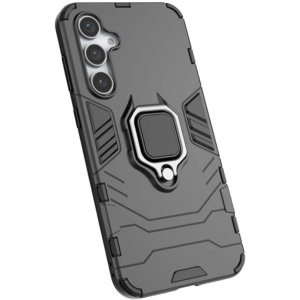 Husa COMANDO Armor Ring compatibila cu Samsung Galaxy S23 FE, Tactical Defense Protect, Hybrid Antishock, Placuta metalica integrata pentru prindere suport auto, Inel rotativ 360 grade, PVC si PC, Negru