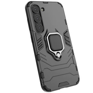 Husa COMANDO Armor Ring compatibila cu Samsung Galaxy S24, Tactical Defense Protect, Hybrid Antishock, Placuta metalica integrata pentru prindere suport auto, Inel rotativ 360 grade, PVC si PC, Negru