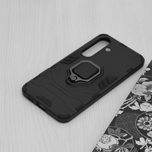 Husa COMANDO Armor Ring compatibila cu Samsung Galaxy S24, Tactical Defense Protect, Hybrid Antishock, Placuta metalica integrata pentru prindere suport auto, Inel rotativ 360 grade, PVC si PC, Negru