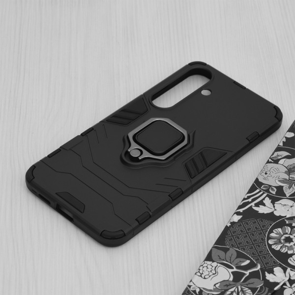 Husa COMANDO Armor Ring compatibila cu Samsung Galaxy S24 Plus, Tactical Defense Protect, Hybrid Antishock, Placuta metalica integrata pentru prindere suport auto, Inel rotativ 360 grade, PVC si PC, Negru