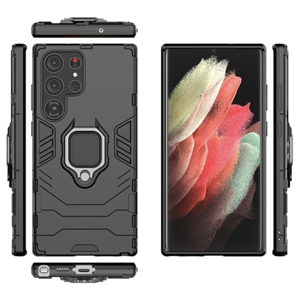 Husa COMANDO Armor Ring compatibila cu Samsung Galaxy S24 Ultra, Tactical Defense Protect, Hybrid Antishock, Placuta metalica integrata pentru prindere suport auto, Inel rotativ 360 grade, PVC si PC, Negru