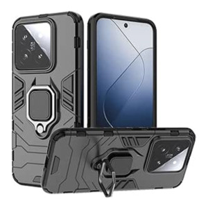 Husa COMANDO Armor Ring compatibila cu Xiaomi 14, Tactical Defense Protect, Hybrid Antishock, Placuta metalica integrata pentru prindere suport auto, Inel rotativ 360 grade, PVC si PC, Negru