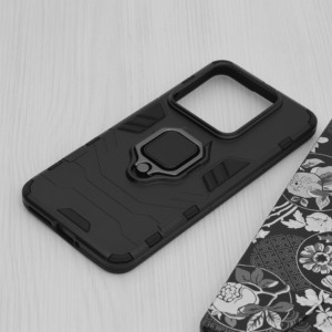 Husa COMANDO Armor Ring compatibila cu Xiaomi 14 Pro, Tactical Defense Protect, Hybrid Antishock, Placuta metalica integrata pentru prindere suport auto, Inel rotativ 360 grade, PVC si PC, Negru