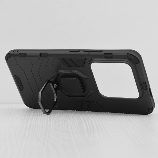 Husa COMANDO Armor Ring compatibila cu Xiaomi 14 Pro, Tactical Defense Protect, Hybrid Antishock, Placuta metalica integrata pentru prindere suport auto, Inel rotativ 360 grade, PVC si PC, Negru