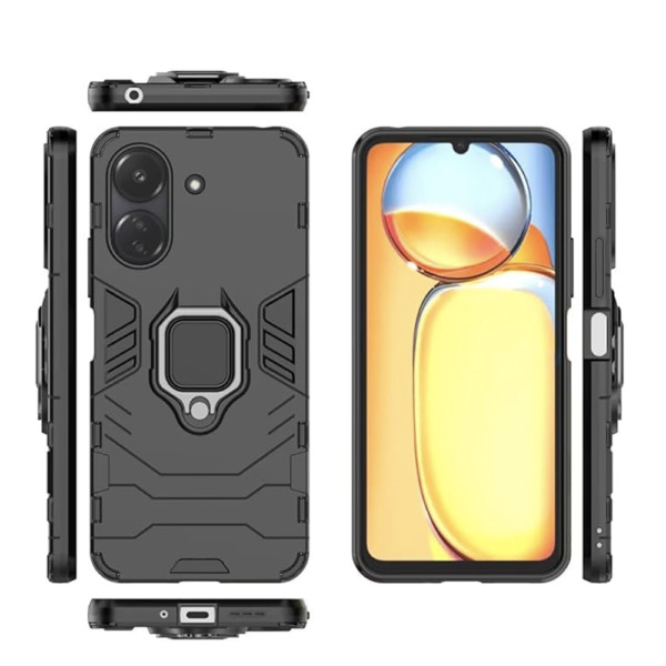 Husa COMANDO Armor Ring compatibila cu Xiaomi Poco C65, Tactical Defense Protect, Hybrid Antishock, Placuta metalica integrata pentru prindere suport auto, Inel rotativ 360 grade, PVC si PC, Negru