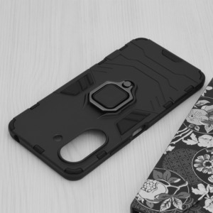 Husa COMANDO Armor Ring compatibila cu Xiaomi Poco C65, Tactical Defense Protect, Hybrid Antishock, Placuta metalica integrata pentru prindere suport auto, Inel rotativ 360 grade, PVC si PC, Negru