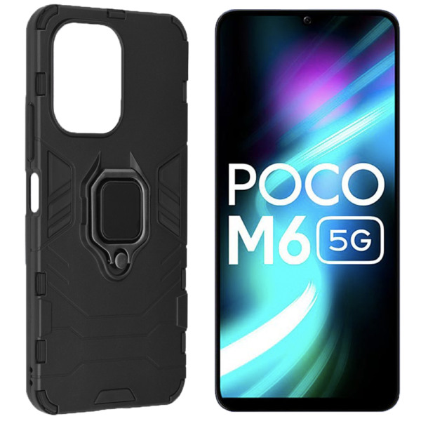 Husa COMANDO Armor Ring compatibila cu Xiaomi Poco M6, Tactical Defense Protect, Hybrid Antishock, Placuta metalica integrata pentru prindere suport auto, Inel rotativ 360 grade, PVC si PC, Negru