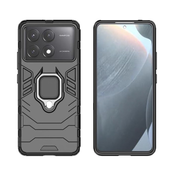 Husa COMANDO Armor Ring compatibila cu Xiaomi Poco X6 Pro, Tactical Defense Protect, Hybrid Antishock, Placuta metalica integrata pentru prindere suport auto, Inel rotativ 360 grade, PVC si PC, Negru