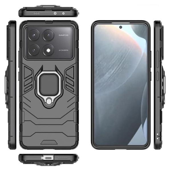 Husa COMANDO Armor Ring compatibila cu Xiaomi Poco X6 Pro, Tactical Defense Protect, Hybrid Antishock, Placuta metalica integrata pentru prindere suport auto, Inel rotativ 360 grade, PVC si PC, Negru