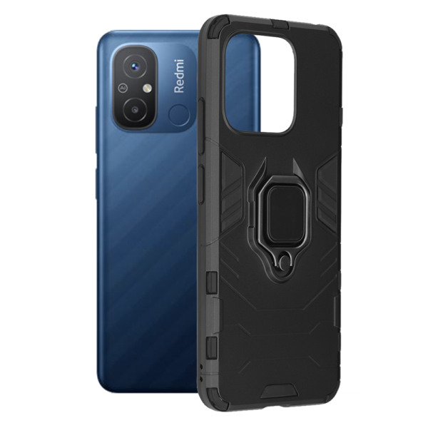 Husa COMANDO Armor Ring compatibila cu Xiaomi Redmi 12C, Tactical Defense Protect, Hybrid Antishock, Placuta metalica integrata pentru prindere suport auto, Inel rotativ 360 grade, PVC si PC, Negru