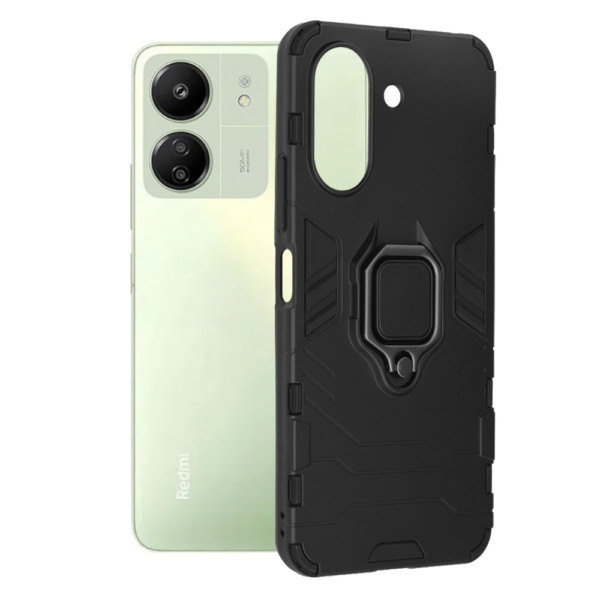 Husa COMANDO Armor Ring compatibila cu Xiaomi Redmi 13C 4G, Tactical Defense Protect, Hybrid Antishock, Placuta metalica integrata pentru prindere suport auto, Inel rotativ 360 grade, PVC si PC, Negru