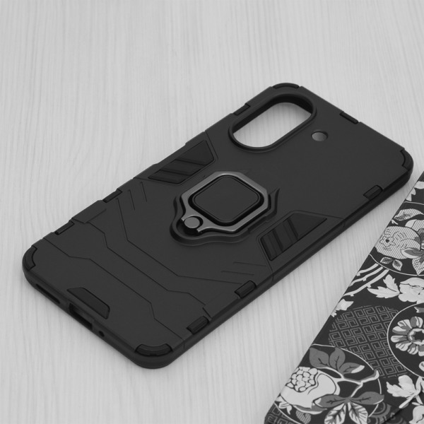 Husa COMANDO Armor Ring compatibila cu Xiaomi Redmi 13C 4G, Tactical Defense Protect, Hybrid Antishock, Placuta metalica integrata pentru prindere suport auto, Inel rotativ 360 grade, PVC si PC, Negru