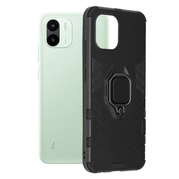 Husa COMANDO Armor Ring compatibila cu Xiaomi Redmi A1, Tactical Defense Protect, Hybrid Antishock, Placuta metalica integrata pentru prindere suport auto, Inel rotativ 360 grade, PVC si PC, Negru