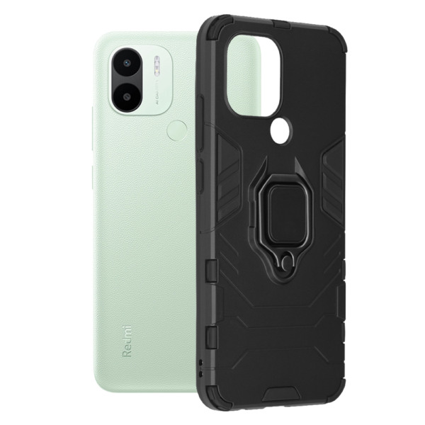 Husa COMANDO Armor Ring compatibila cu Xiaomi Redmi A1 Plus / A1 +, Tactical Defense Protect, Hybrid Antishock, Placuta metalica integrata pentru prindere suport auto, Inel rotativ 360 grade, PVC si PC, Negru