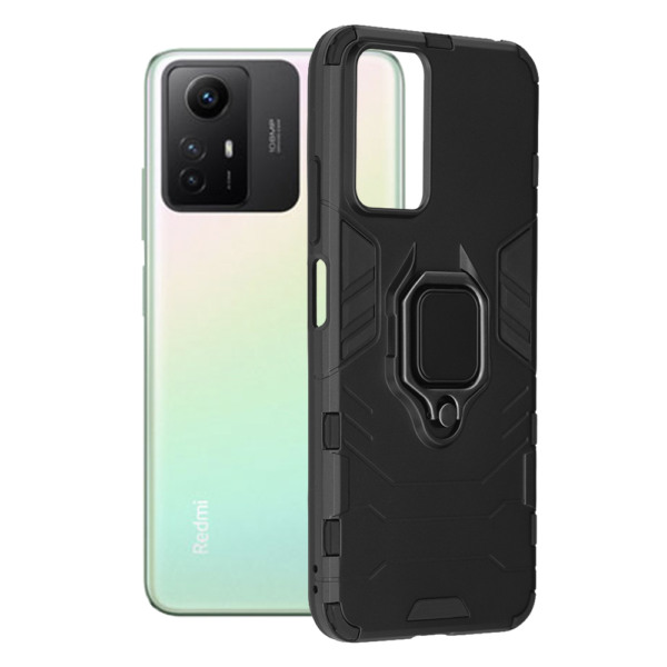 Husa COMANDO Armor Ring compatibila cu Xiaomi Redmi Note 12S, Tactical Defense Protect, Hybrid Antishock, Placuta metalica integrata pentru prindere suport auto, Inel rotativ 360 grade, PVC si PC, Negru