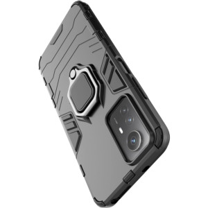 Husa COMANDO Armor Ring compatibila cu Xiaomi Redmi Note 12S, Tactical Defense Protect, Hybrid Antishock, Placuta metalica integrata pentru prindere suport auto, Inel rotativ 360 grade, PVC si PC, Negru