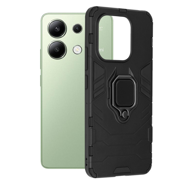 Husa COMANDO Armor Ring compatibila cu Xiaomi Redmi Note 13 4G, Tactical Defense Protect, Hybrid Antishock, Placuta metalica integrata pentru prindere suport auto, Inel rotativ 360 grade, PVC si PC, Negru