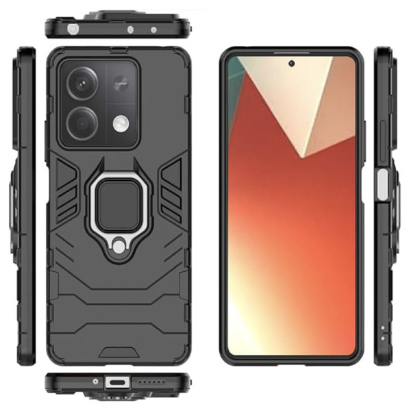 Husa COMANDO Armor Ring compatibila cu Xiaomi Redmi Note 13 5G, Tactical Defense Protect, Hybrid Antishock, Placuta metalica integrata pentru prindere suport auto, Inel rotativ 360 grade, PVC si PC, Negru