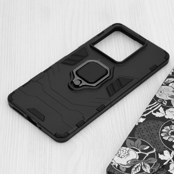 Husa COMANDO Armor Ring compatibila cu Xiaomi Redmi Note 13 5G, Tactical Defense Protect, Hybrid Antishock, Placuta metalica integrata pentru prindere suport auto, Inel rotativ 360 grade, PVC si PC, Negru