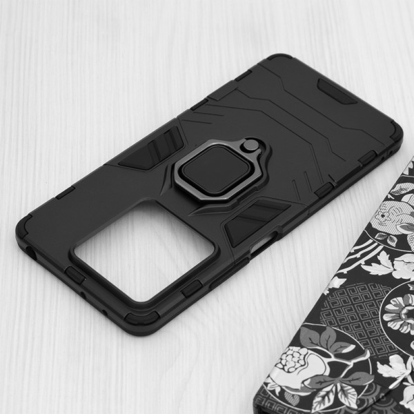 Husa COMANDO Armor Ring compatibila cu Xiaomi Redmi Note 13 5G, Tactical Defense Protect, Hybrid Antishock, Placuta metalica integrata pentru prindere suport auto, Inel rotativ 360 grade, PVC si PC, Negru