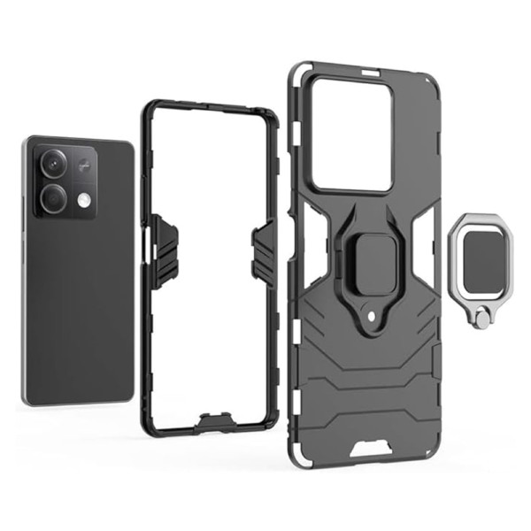 Husa COMANDO Armor Ring compatibila cu Xiaomi Redmi Note 13 5G, Tactical Defense Protect, Hybrid Antishock, Placuta metalica integrata pentru prindere suport auto, Inel rotativ 360 grade, PVC si PC, Negru