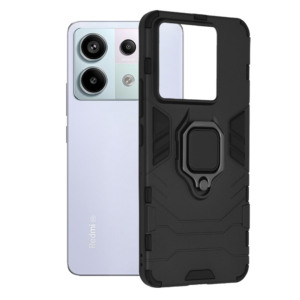 Husa COMANDO Armor Ring compatibila cu Xiaomi Redmi Note 13 Pro 5G / Poco X6, Tactical Defense Protect, Hybrid Antishock, Placuta metalica integrata pentru prindere suport auto, Inel rotativ 360 grade, PVC si PC, Negru