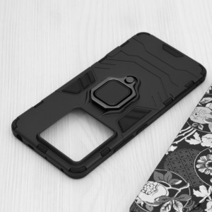 Husa COMANDO Armor Ring compatibila cu Xiaomi Redmi Note 13 Pro 5G / Poco X6, Tactical Defense Protect, Hybrid Antishock, Placuta metalica integrata pentru prindere suport auto, Inel rotativ 360 grade, PVC si PC, Negru