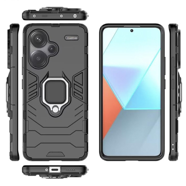 Husa COMANDO Armor Ring compatibila cu Xiaomi Redmi Note 13 Pro Plus / Note 13 Pro + 5G, Tactical Defense Protect, Hybrid Antishock, Placuta metalica integrata pentru prindere suport auto, Inel rotativ 360 grade, PVC si PC, Negru