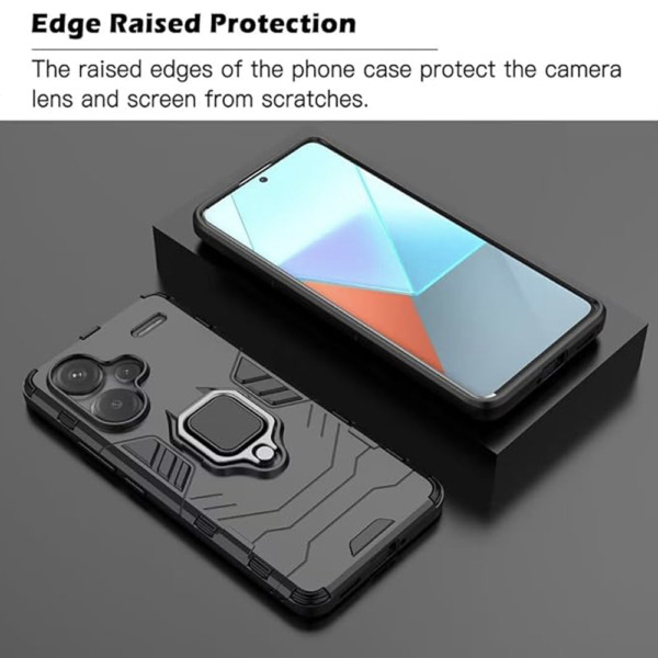 Husa COMANDO Armor Ring compatibila cu Xiaomi Redmi Note 13 Pro Plus / Note 13 Pro + 5G, Tactical Defense Protect, Hybrid Antishock, Placuta metalica integrata pentru prindere suport auto, Inel rotativ 360 grade, PVC si PC, Negru