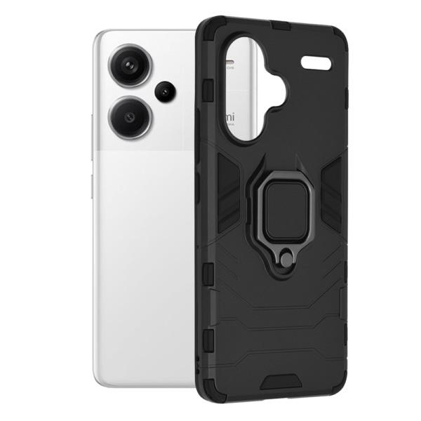 Husa COMANDO Armor Ring compatibila cu Xiaomi Redmi Note 13 Pro Plus / Note 13 Pro + 5G, Tactical Defense Protect, Hybrid Antishock, Placuta metalica integrata pentru prindere suport auto, Inel rotativ 360 grade, PVC si PC, Negru