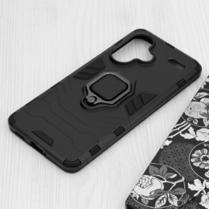 Husa COMANDO Armor Ring compatibila cu Xiaomi Redmi Note 13 Pro Plus / Note 13 Pro + 5G, Tactical Defense Protect, Hybrid Antishock, Placuta metalica integrata pentru prindere suport auto, Inel rotativ 360 grade, PVC si PC, Negru