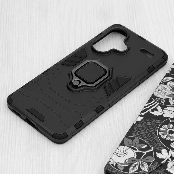 Husa COMANDO Armor Ring compatibila cu Xiaomi Redmi Note 13 Pro Plus / Note 13 Pro + 5G, Tactical Defense Protect, Hybrid Antishock, Placuta metalica integrata pentru prindere suport auto, Inel rotativ 360 grade, PVC si PC, Negru