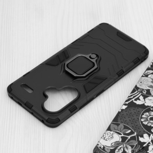 Husa COMANDO Armor Ring compatibila cu Xiaomi Redmi Note 13 Pro Plus / Note 13 Pro + 5G, Tactical Defense Protect, Hybrid Antishock, Placuta metalica integrata pentru prindere suport auto, Inel rotativ 360 grade, PVC si PC, Negru